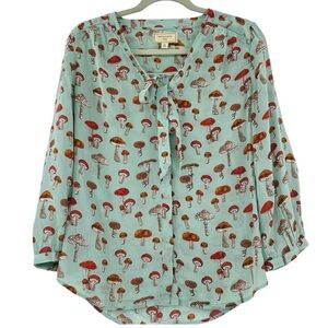 RARE Anthropologie Sequined & Beaded Novelty Print Silk Mushroom Blouse Size 10